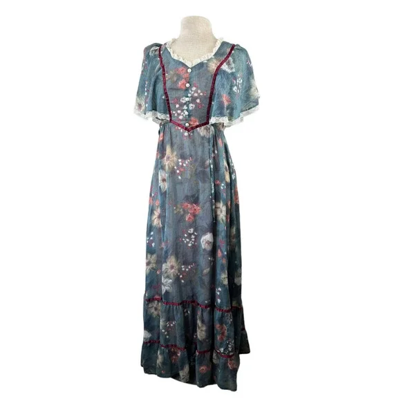 Vintage Candi Jones California Floral Prairie Maxi Dress Cottagecore Blue XS - Picture 2 of 10